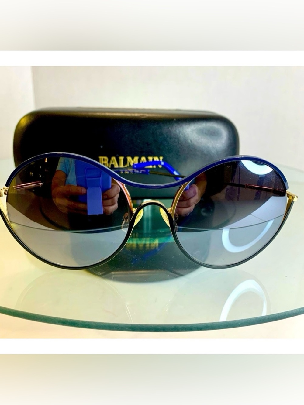 BALMAIN PARIS Round Sunglasses Blue & Gold BL2520B C03 Made in France - LIKE NEW